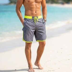 Cascade Sport Swimwear Mens XLarge Heather Gray Green Trim Board Shorts